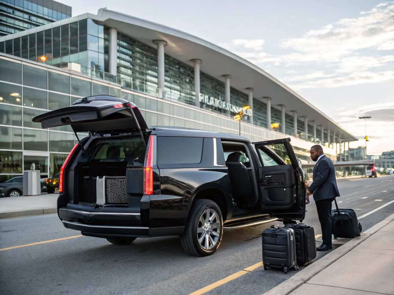 A sleek, black Escalade limousine is pictured at the entrance of a luxurious hotel, symbolizing high-end transportation and comfort.